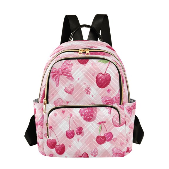 Fashion Quilted Backpack for Women Lightweight Travel Daypack Casual Bag for Shopping Travel Cherry and Pink Bow Pattern S