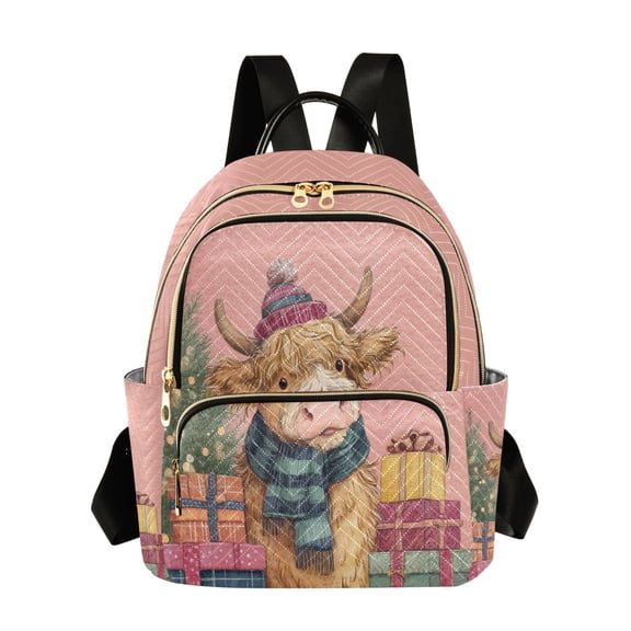 Fashion Quilted Backpack for Women Lightweight Travel Daypack Casual Bag for Shopping Travel Cow Wearing Scarf and Hat S