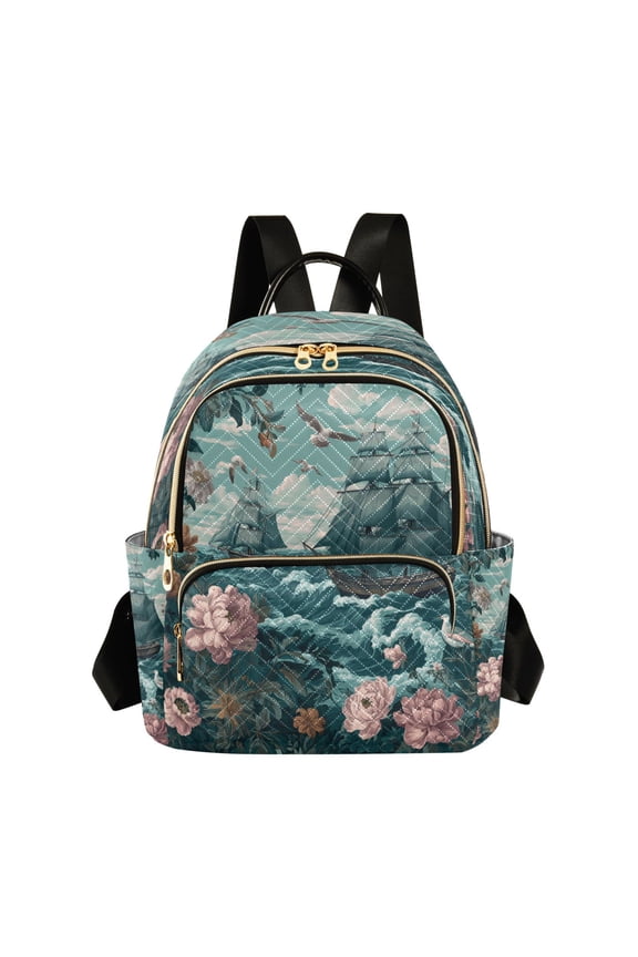 Fashion Quilted Backpack for Women Lightweight Travel Daypack Casual Bag for Shopping Travel Elegant Nautical Scene M