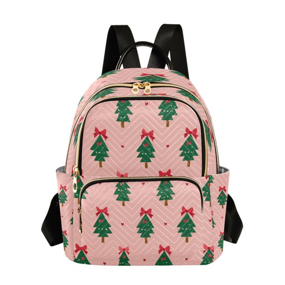 Fashion Quilted Backpack for Women Lightweight Travel Daypack Casual Bag for Shopping Travel Green Trees and Red Bows M