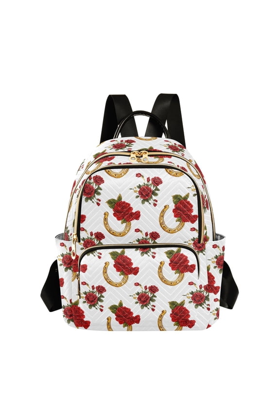 Fashion Quilted Backpack for Women Lightweight Travel Daypack Casual Bag for Shopping Travel Horseshoe Pattern with Red Roses S