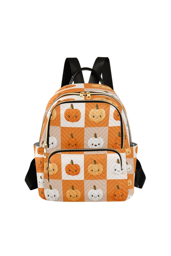 Fashion Quilted Backpack for Women Lightweight Travel Daypack Casual Bag for Shopping Travel Orange and White Squares S