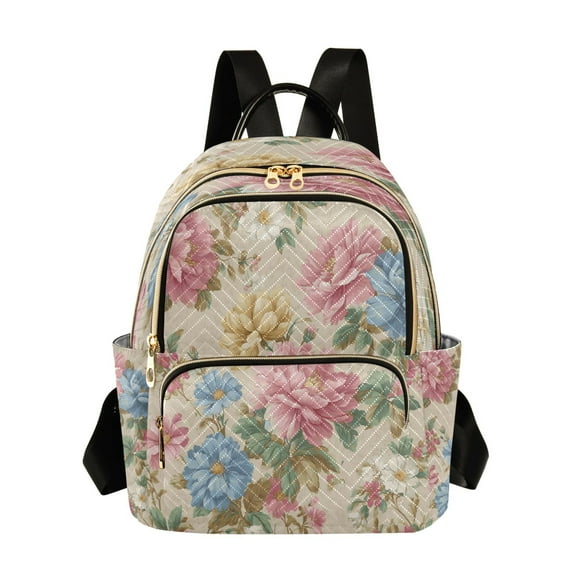 Fashion Quilted Backpack for Women Lightweight Travel Daypack Casual Bag for Shopping Travel Pastel Pink and Blue Floral S