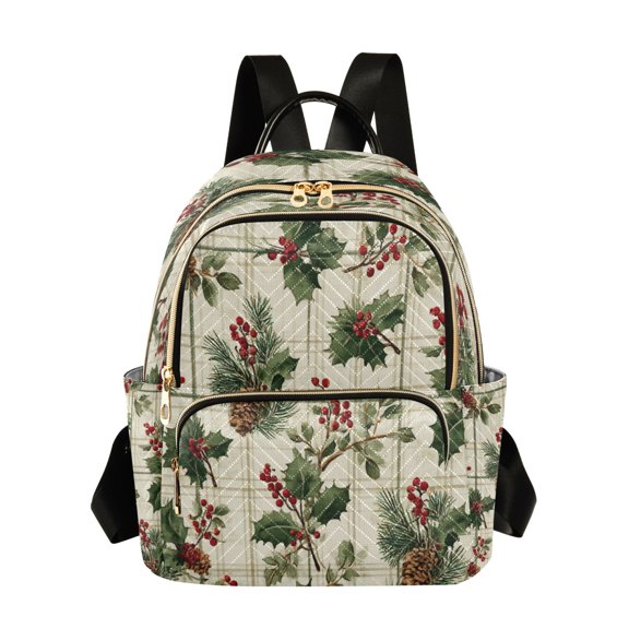 Fashion Quilted Backpack for Women Lightweight Travel Daypack Casual Bag for Shopping Travel Pine Boughs and Holly Pattern M