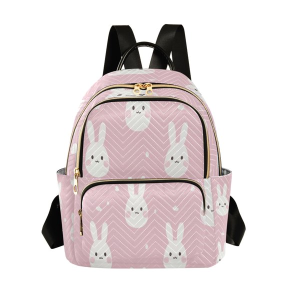 Fashion Quilted Backpack for Women Lightweight Travel Daypack Casual Bag for Shopping Travel Pink Cute Bunnies M