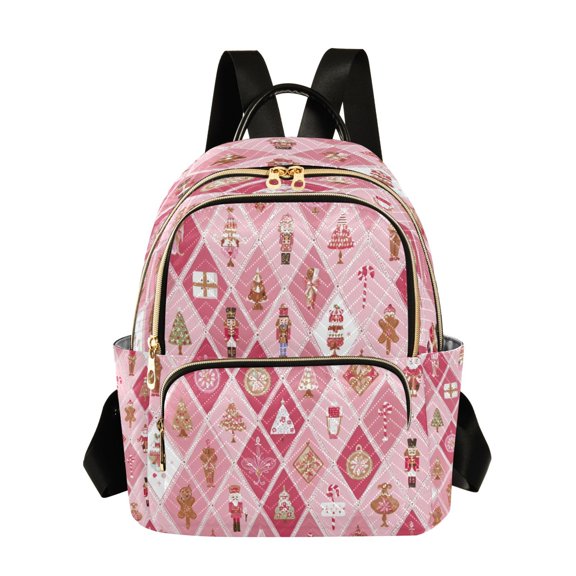 Fashion Quilted Backpack for Women Lightweight Travel Daypack Casual Bag for Shopping Travel Pink and White Christmas Motifs M