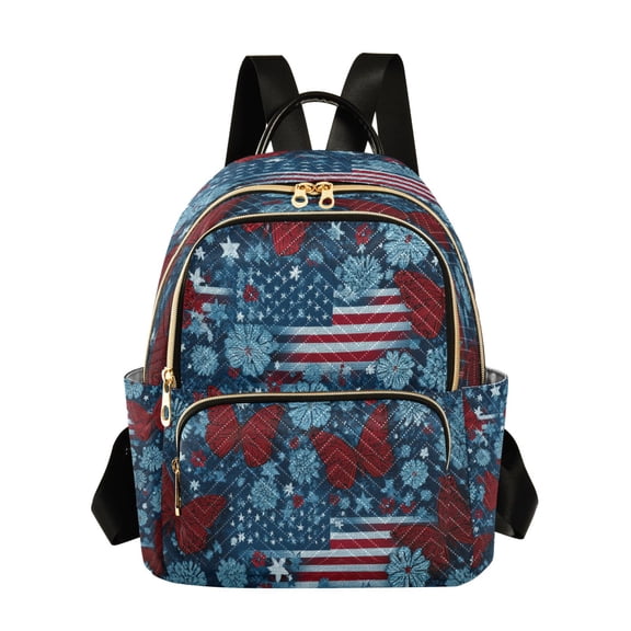 Fashion Quilted Backpack for Women Lightweight Travel Daypack Casual Bag for Shopping Travel Red Butterflies and Flags M