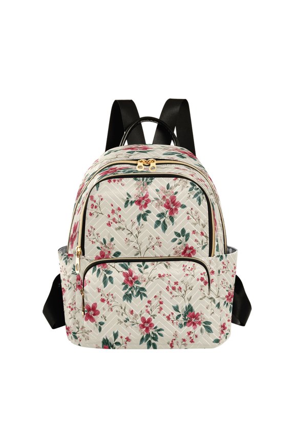 Fashion Quilted Backpack for Women Lightweight Travel Daypack Casual Bag for Shopping Travel Red Small Floral Pattern M