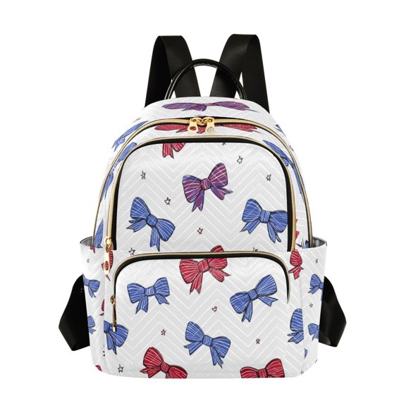 Fashion Quilted Backpack for Women Lightweight Travel Daypack Casual Bag for Shopping Travel Red and Blue Stripe Bows S