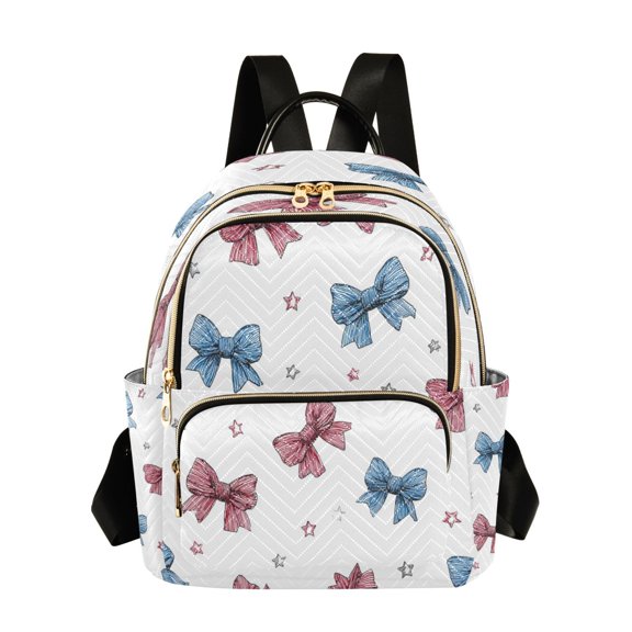 Fashion Quilted Backpack for Women Lightweight Travel Daypack Casual Bag for Shopping Travel Red and Blue Stripes Bows M