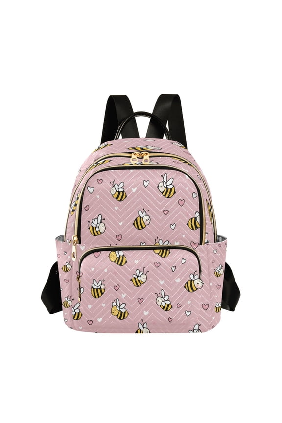 Fashion Quilted Backpack for Women Lightweight Travel Daypack Casual Bag for Shopping Travel Small Heart and Bee Patterns S