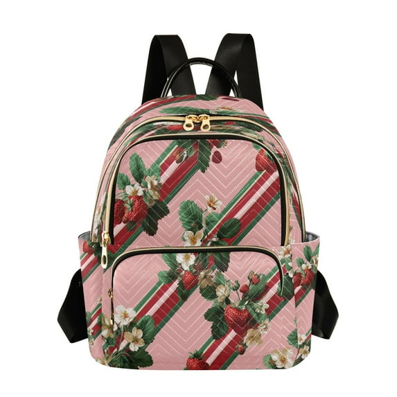 Fashion Quilted Backpack for Women Lightweight Travel Daypack Casual Bag for Shopping Travel Strawberry and Ribbon S
