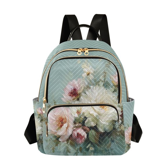 Fashion Quilted Backpack for Women Lightweight Travel Daypack Casual Bag for Shopping Travel Vintage Peonies and Daisies S