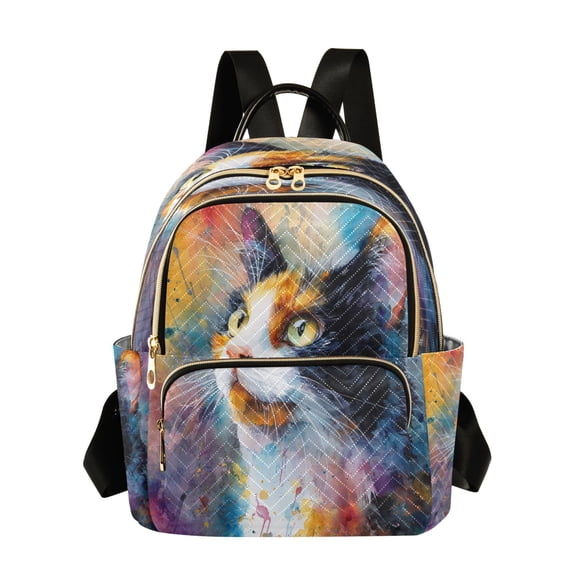 Fashion Quilted Backpack for Women Lightweight Travel Daypack Casual Bag for Shopping Travel Watercolor Calico Cat S