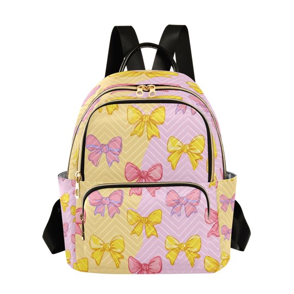Fashion Quilted Backpack for Women Lightweight Travel Daypack Casual Bag for Shopping Travel Yellow and Pink Bows M