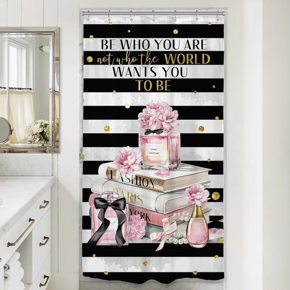 Fashion Quotes Shower Curtain 60Wx72H Inch Woman Black White Striped You are Pink Modern Magazine Books Perfume Flower Inspirational Bathroom Decor Fabric Polyester Waterproof 12 Pack Hooks