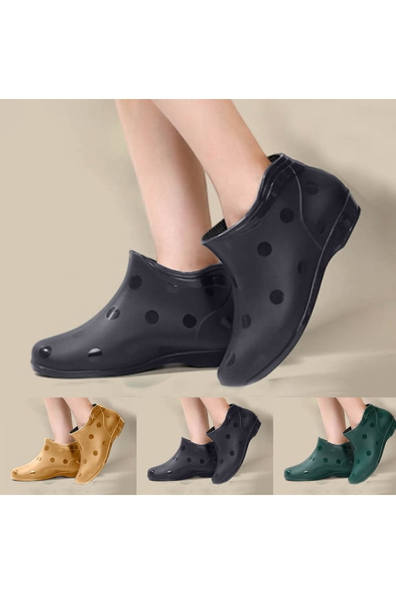 Fashion Rain Boots Women Outdoor Slip on Waterproof Nonslip Rubber Ankle Boots Pointed Toe Short Rainboots Black Size 7.5