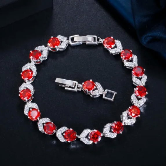 Fashion Red Cubic Zircon Round Stone Chain Link Bracelet Bangle for Women Ladies