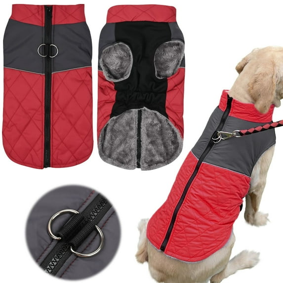 Fashion Reflective Dog Coat, Winter Warm Fleece Lined Pet Jacket for Cold Weather, Adjustable Dog Vest for Small Medium Large Dogs Cats, Red
