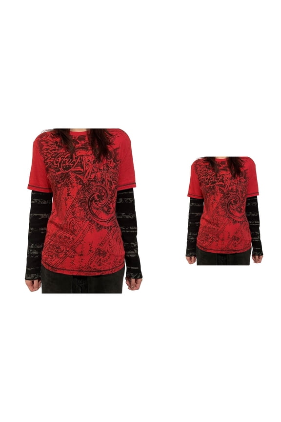 **Fashion Retro Crewneck T-Shirt with Contrast Print Yoke Panel Layering Style Casual Blouse Top - Gothic Long Sleeve Grunge Shirt Alternative Two-Piece Clothing** Character count: 184