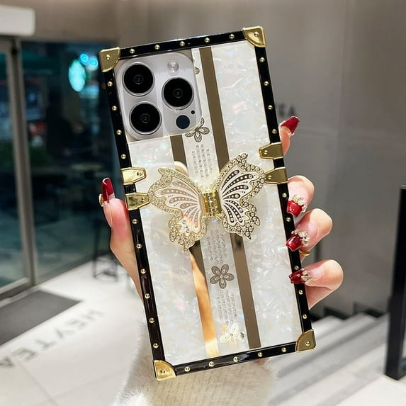 Fashion Retro Style Electroplating Rhinestones Phone Case For iPhone 16 Pro Max 15 Plus 14 13 12/12pro 11promax Creative Butterfly Bracket Protective shell