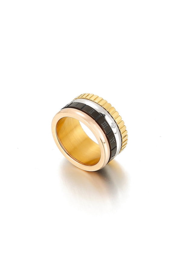 Womens Rhinestone Ring Stainless Steel Roman Ring Golden Finish 12mm Wide Band Geometric Design European Fashion Ring