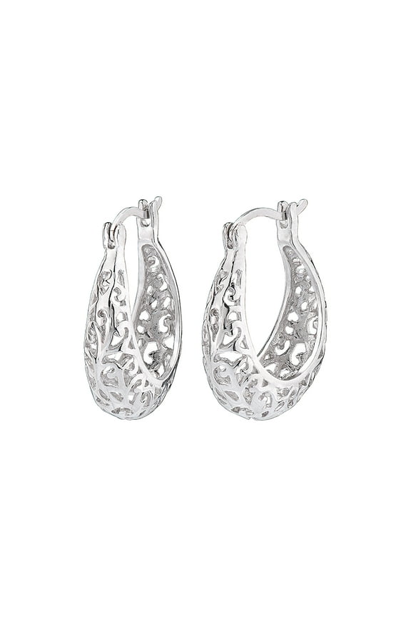 Fashion Rhodium Plated 25mm Filigree Click-Top Hoop Earring
