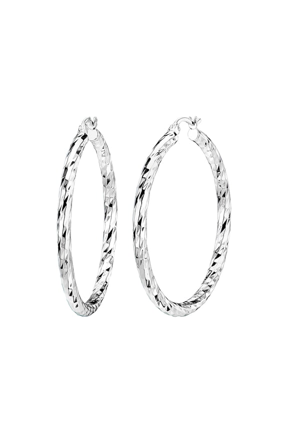 Fashion Rhodium Plated 43mm Diamond Cut Click-Top Hoop Earring