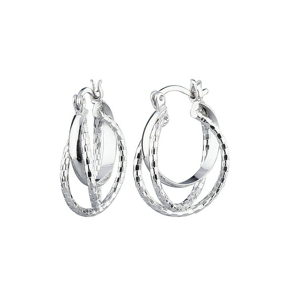 Fashion Rhodium Plated Multi Hoop with Diamond Cut Click-Top Hoop Earrings