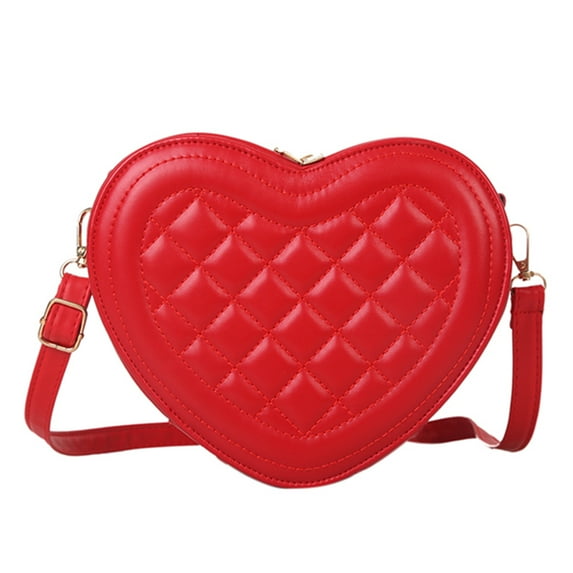 Fashion Rhombic Pattern Shoulder Bag Love Heart Women PU Crossbody Handbag Valentines Day Gifts (Red)
