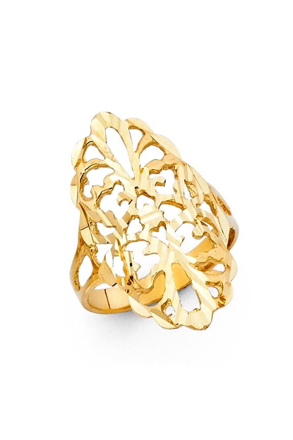 Fashion Ring Solid 14k Yellow Gold Filigree Design Polished Diamond Cut Genuine Large 26MM, Size 6