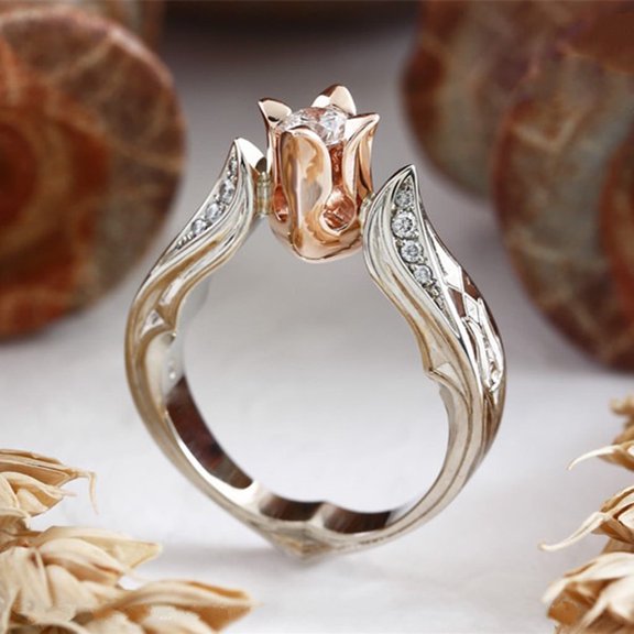 Fashion Rings Exquisite Rose Gold Rose Floral Ring Silver Flower Wedding Jewelry Size 5-10