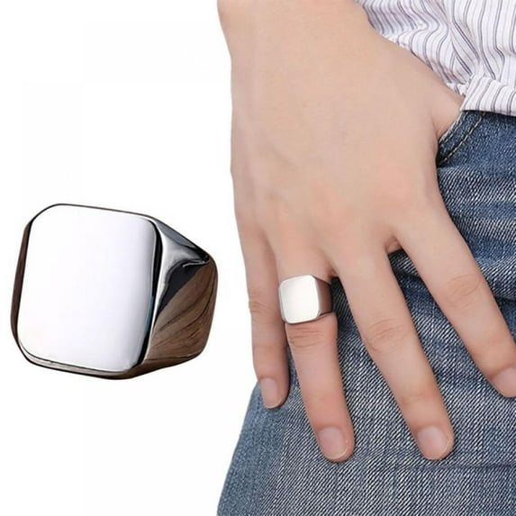 Fashion Rings Square Big Width Signet Rings Titanium Steel Man Silver Black Men Ring Jewelry Size 7-12