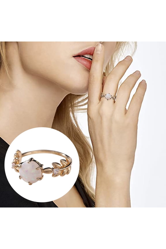 Fashion Rings for Women Artificial Opal Opal Synthetic Opal Ring Simples Leaf Ring Copper Ring