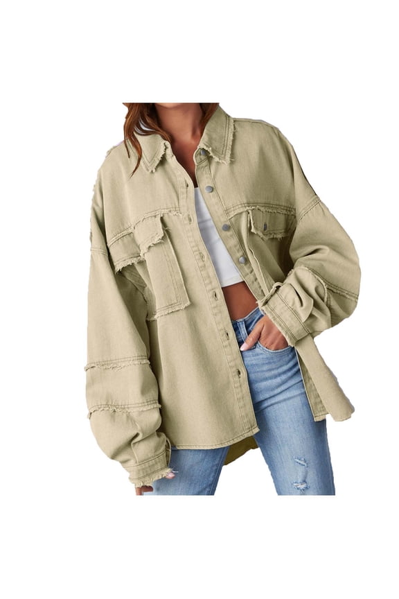 Fashion Ripped Denim Jackets Womens Fall Casual Button Down Solid Color Pockets Loose Jean Shirt Jacket Outwear (X-Large, Khaki)