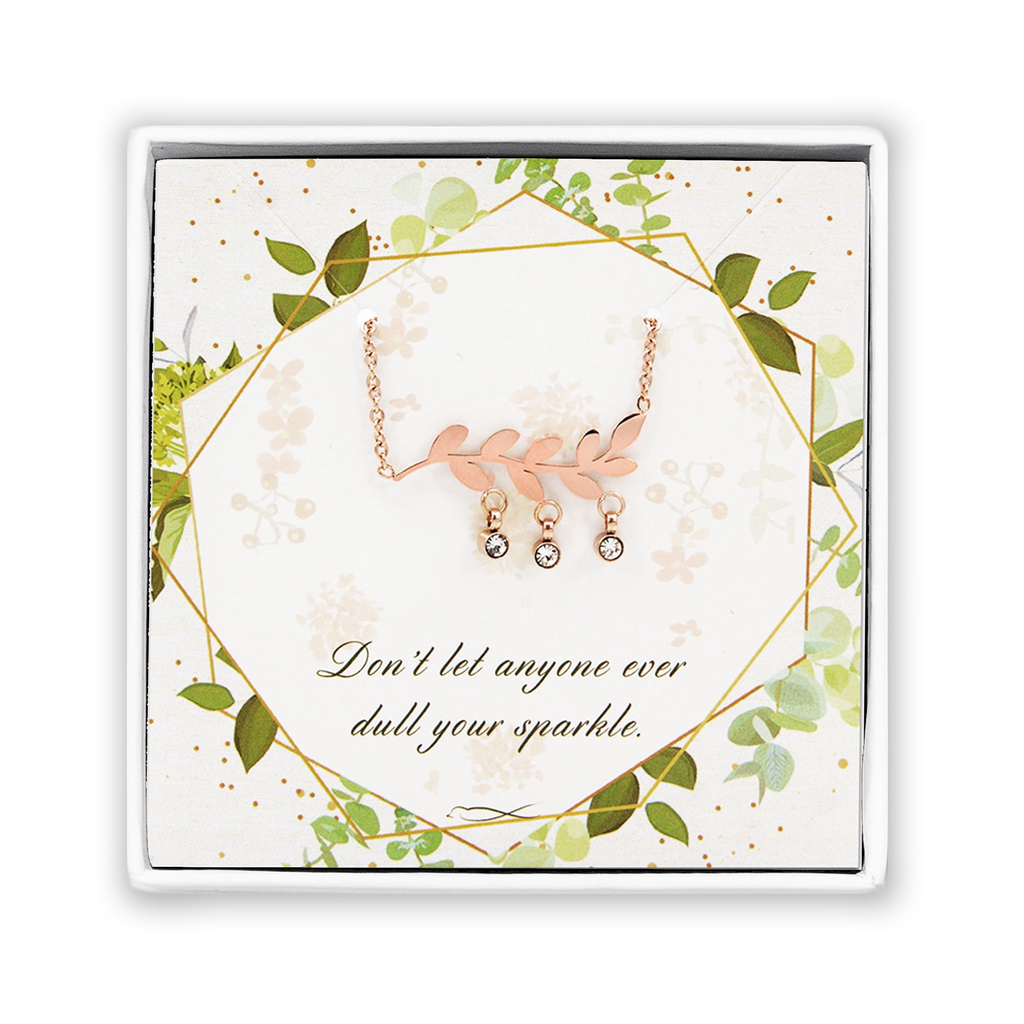 Fashion Rose Gold Olive Leaf Branch Dangling Rhinestone Pendant Dainty Necklace with Free Jewelry Gift Box
