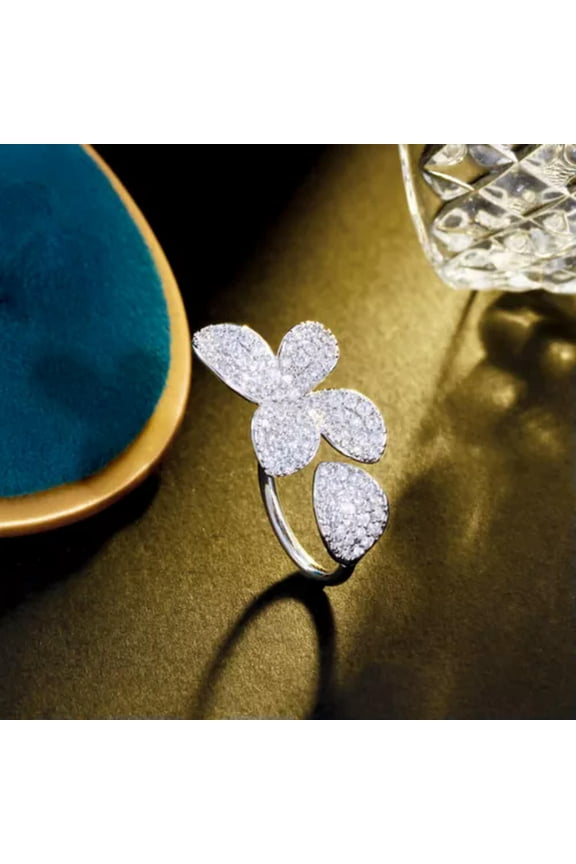 Fashion Rose Gold Plated Cubic Zirconia Big Flower Leaf Open Cuff Ring for Women