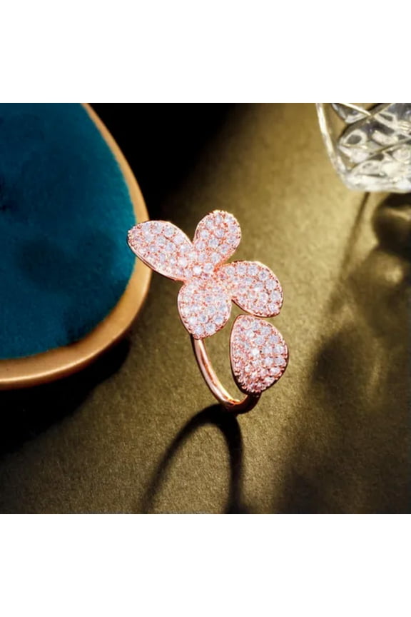 Fashion Rose Gold Plated Cubic Zirconia Big Flower Leaf Open Cuff Ring for Women