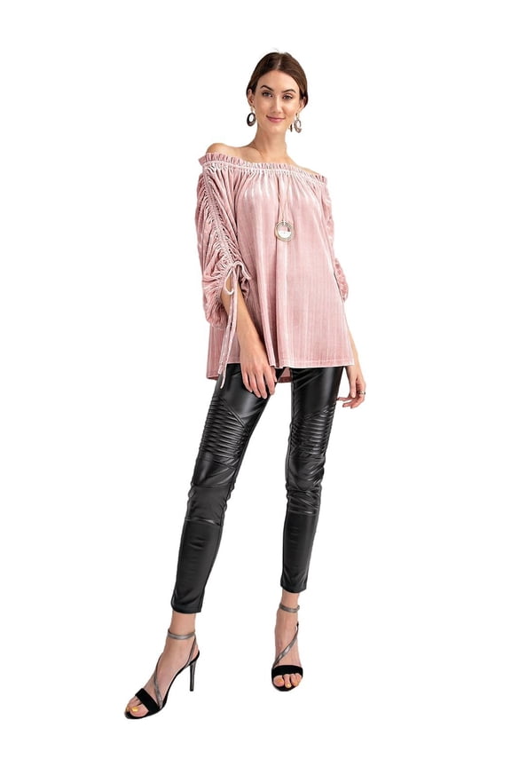 Fashion Rose Off Shoulder Striped Crushed Velvet Ruched Detailed 3/4 Sleeve Top