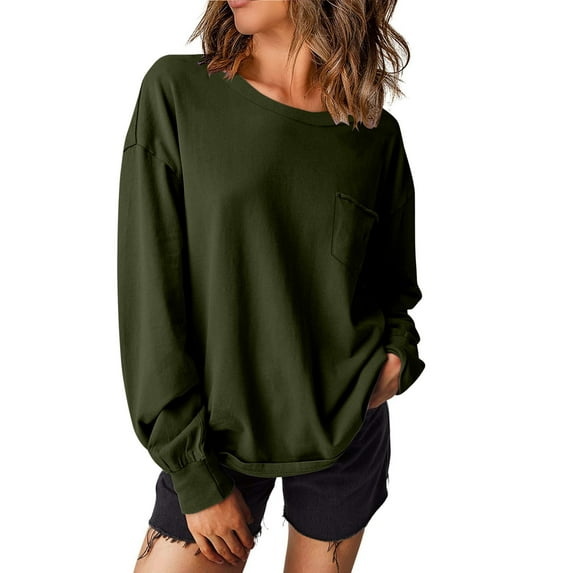 Fashion Round Neck Hoodless Sweatshirts for Women Casual Solid Color Sweatshirts Comfortable Streetwear Lightweight Crewneck Long Sleeve Tops Loose Pullover Shirts Clothes Sweatshirts