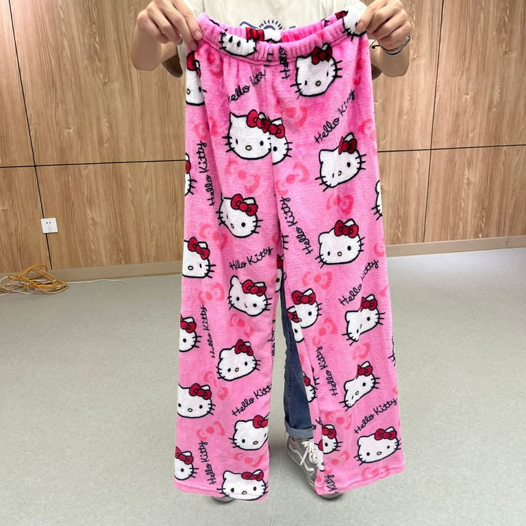 Fashion Sanrio Pajamas Pants Cartoon Anime Hello Kitty Y2K Pants Flannel  Women Warm Woolen Kawaii Casual Home Wear Pants