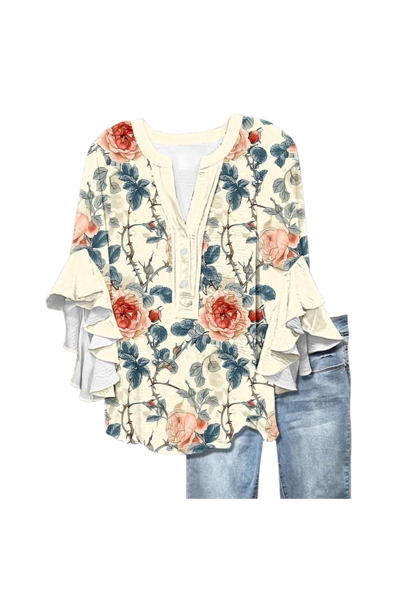 Spring Shirts for Women V Neck Women's Top Womens Petite 3/4 Sleeve Tops and Blouses Womens Blouses Spring Trendy Reorder Items Gifts