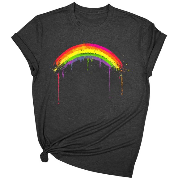 LiMoi Rainbow Print Shirt Womens Short Sleeve Tops Tshirts Shirts Black Printed Tops Summer Oversized Tshirts Reorder Items