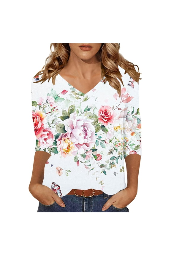 Women's Spring Tops Women's Tops Women 3/4 Sleeve Tops Loose Fit Womens Blouses Casual Loose Fit Reorder Items Gifts
