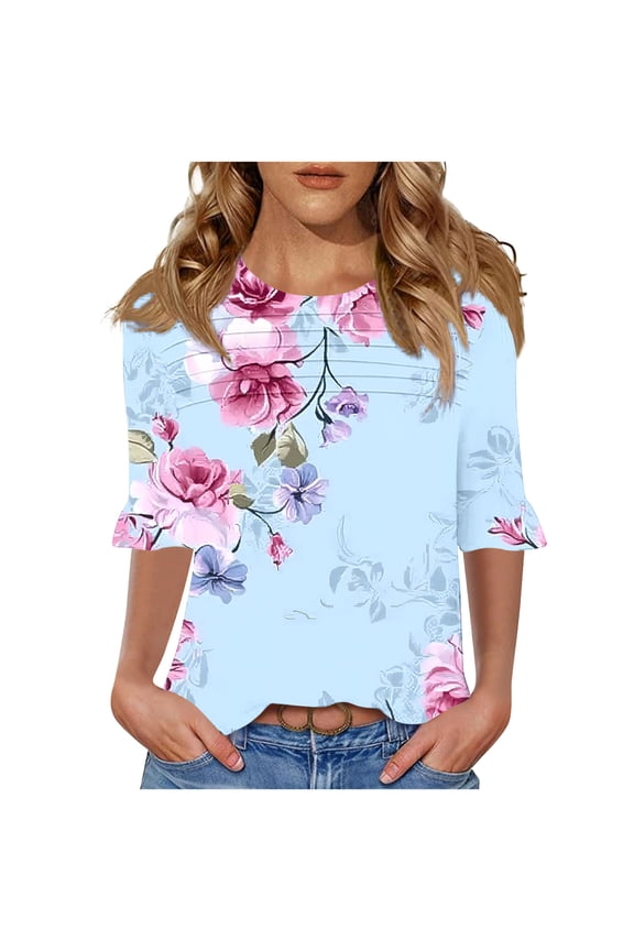 Womens Spring Shirt Womens Tops Casual 3/4 Sleeve Tshirt Womens Blouses New Arrivals Gifts
