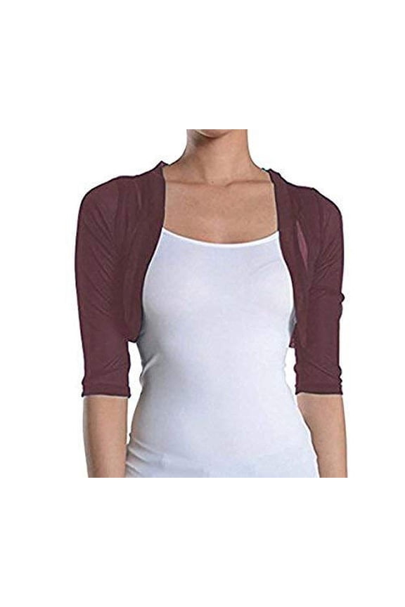 Junior's Sheer Chiffon Bolero Shrug Jacket Cardigan 3/4 Sleeve (Burgundy/Wine, Small)