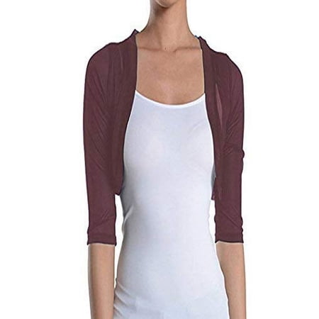 Fashion Secrets Junior's Sheer Chiffon Bolero Shrug Jacket Cardigan 3/4 Sleeve (Burgundy/Wine, XX Large)