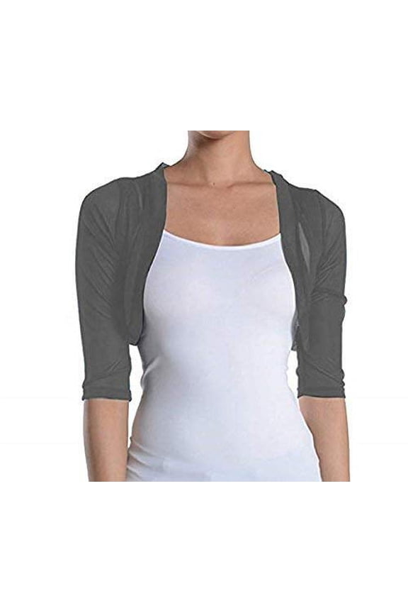 Junior's Sheer Chiffon Bolero Shrug Jacket Cardigan 3/4 Sleeve (Charcoal, Large)