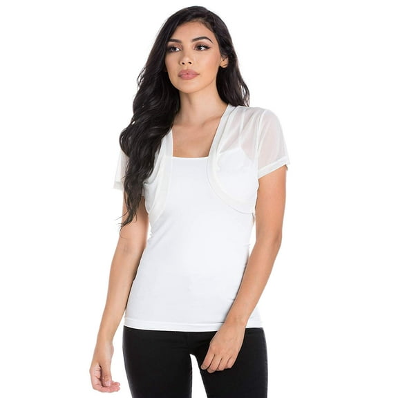 Fashion Secrets Junior's Sheer Chiffon Bolero Shrug Jacket Cardigan 3/4 Sleeve (Large, Cap SLV Ivory)