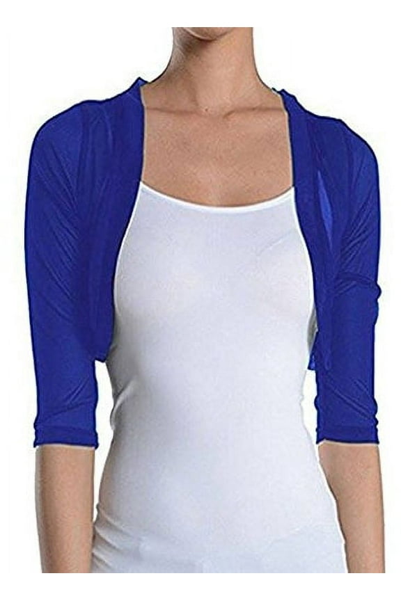 Junior's Sheer Chiffon Bolero Shrug Jacket Cardigan 3/4 Sleeve (Large, Dark Royal Blue)